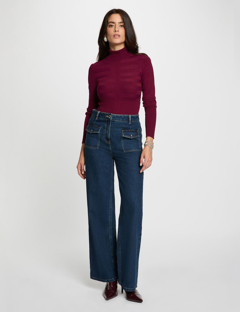 Pull col roulé ajusté prune femme