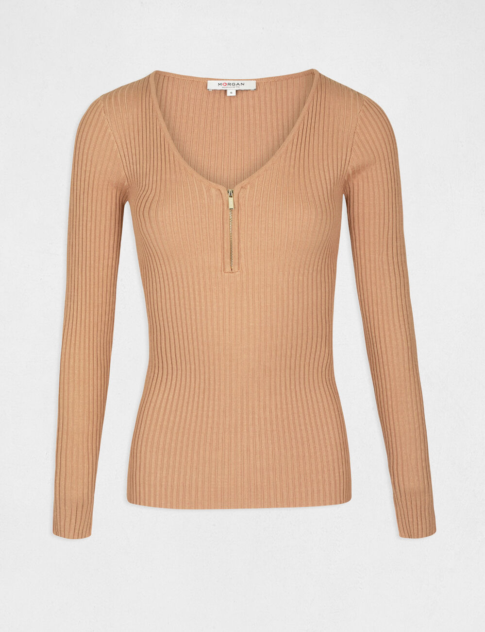 Ribgebreide trui met lange mouwen camel vrouw