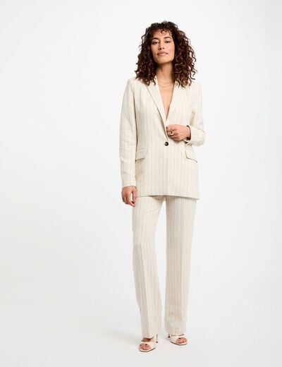 Pantalon large rayé beige femme