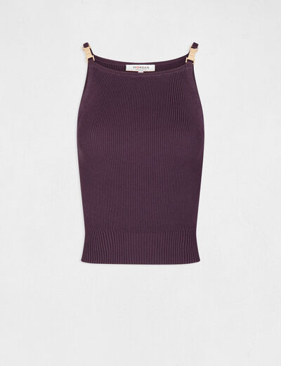 Pull d&eacute;bardeur bretelles fines prune femme