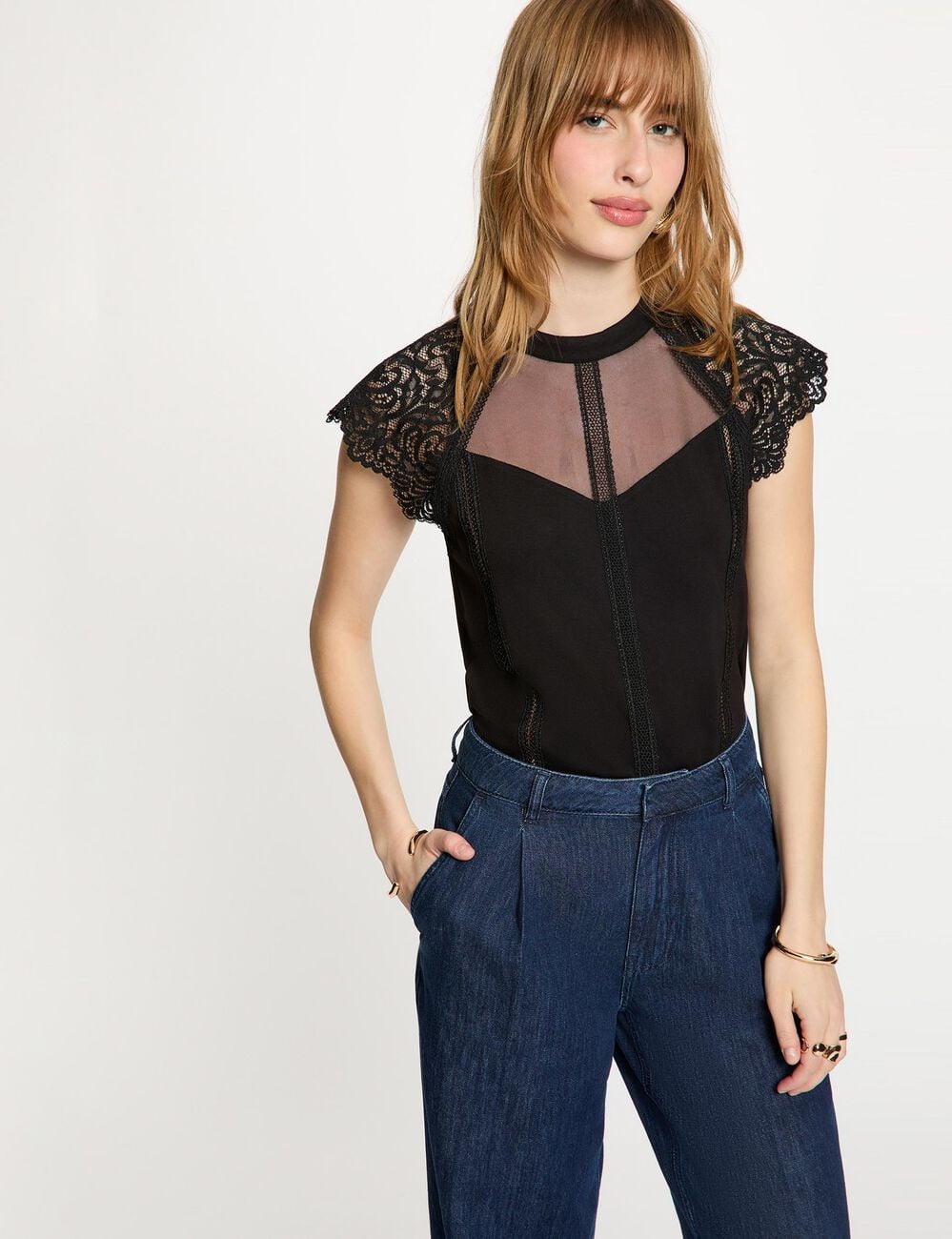 D&eacute;bardeur dentelle col montant noir femme