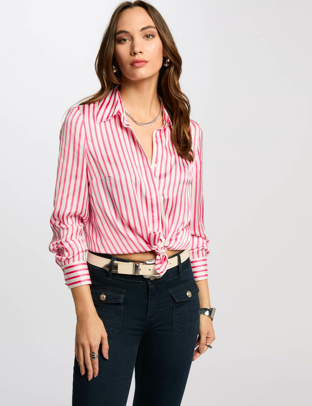 Gestreept shirt lange mouwen roze vrouw
