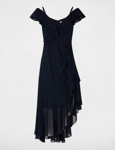 Robe midi droite volants bleu marine femme