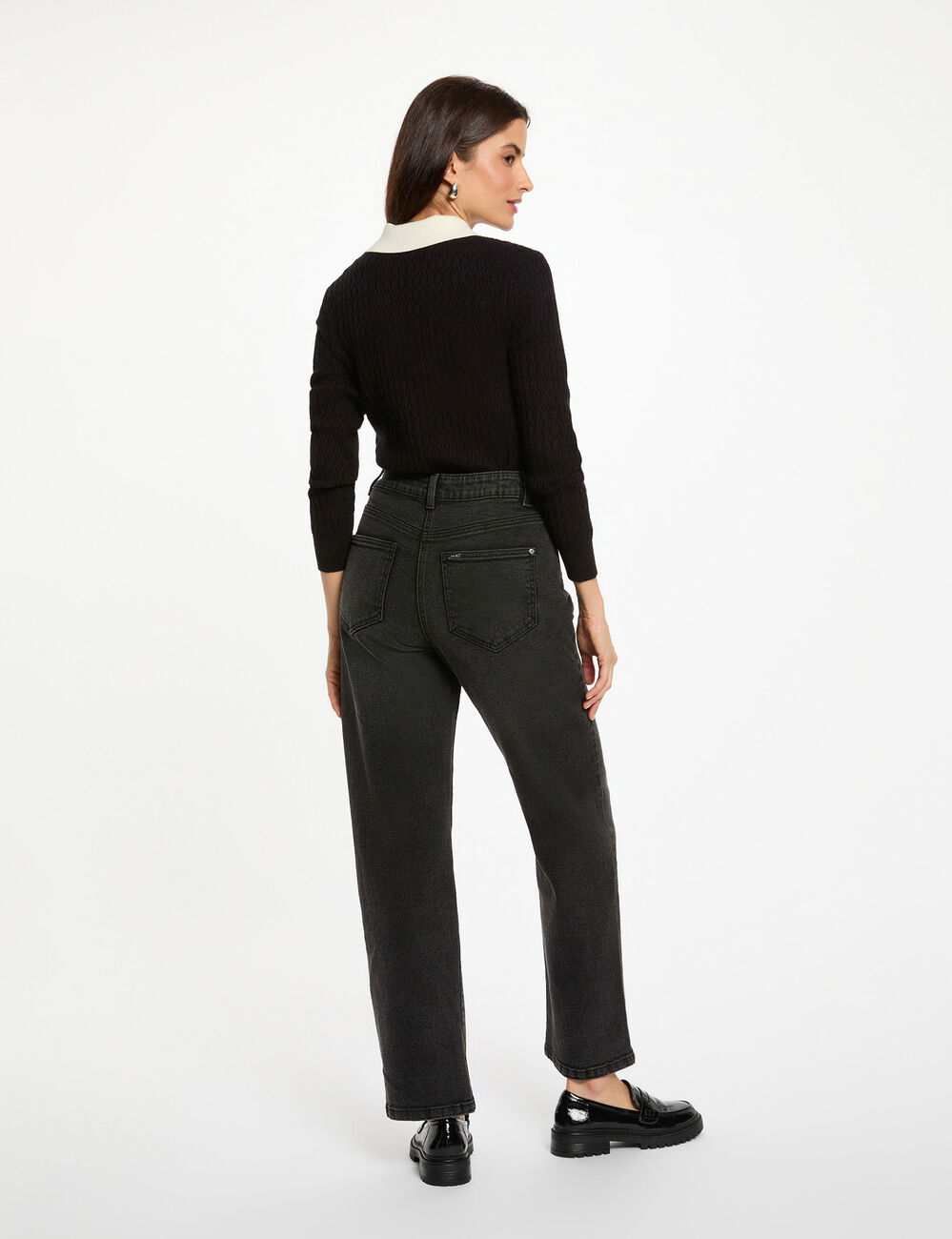 Pull ajusté col chemise noir femme