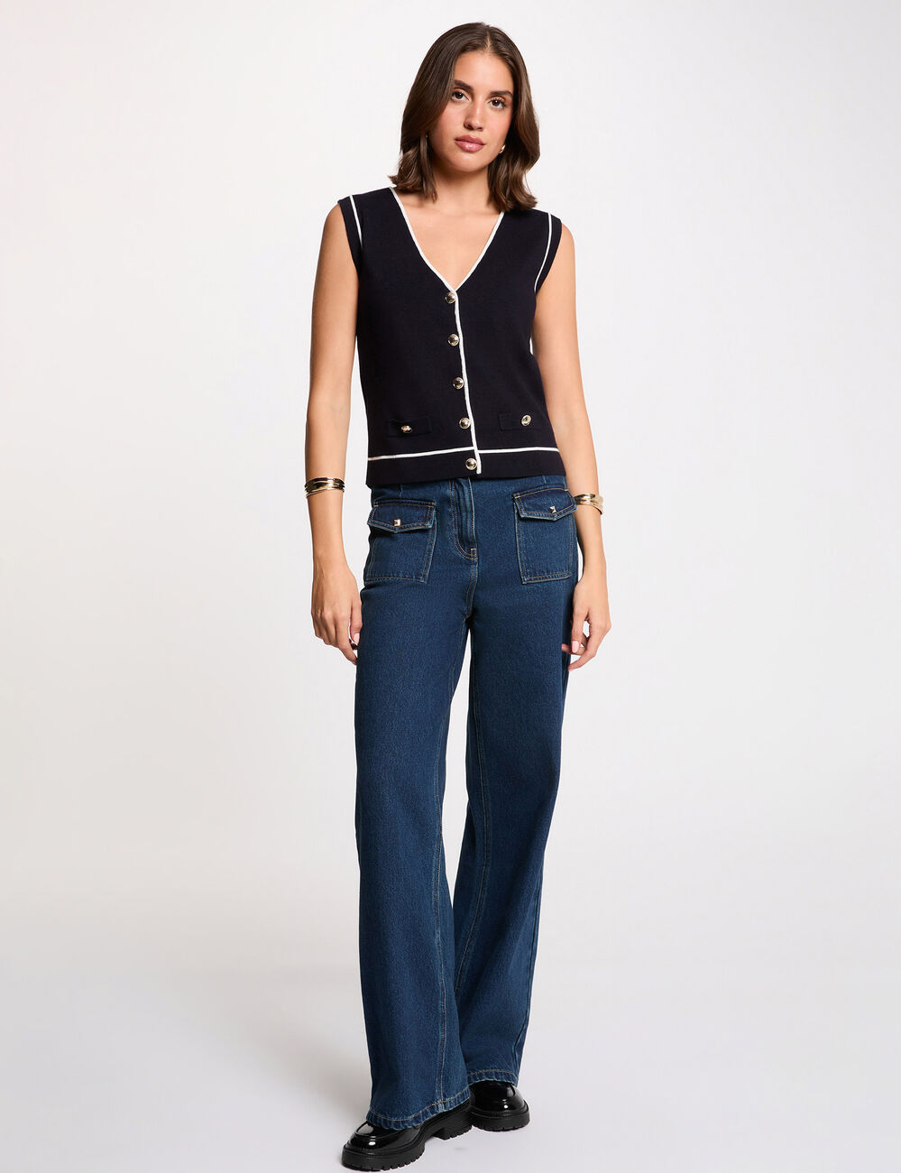 Mouwloze trui met V-hals marineblauw vrouw