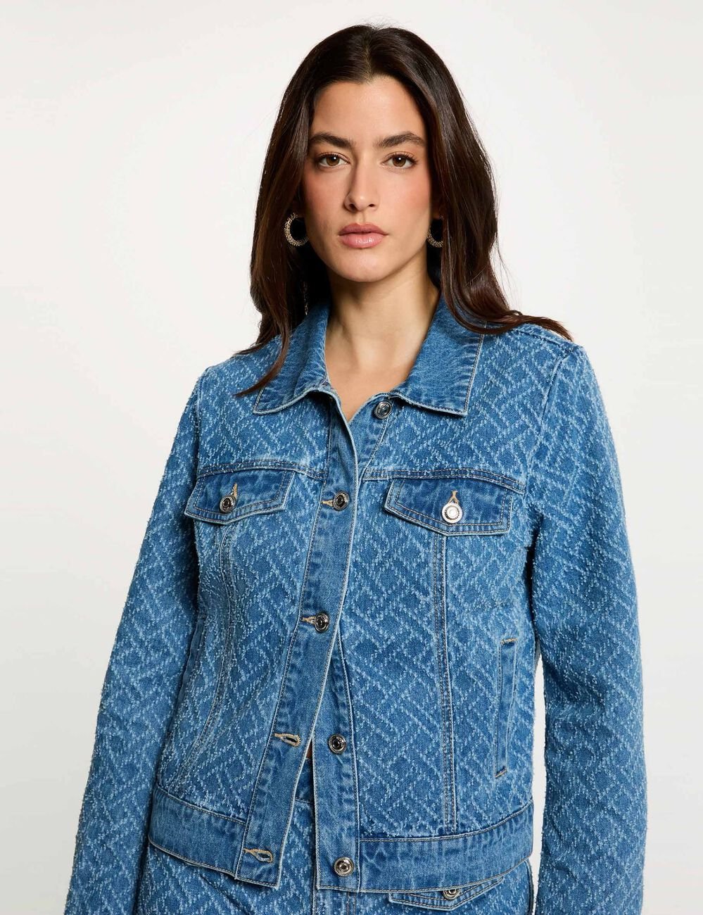 Jacquard chevron jas stone washed denim vrouw