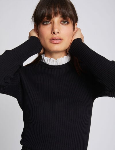Pull manches longues col fronc&eacute; noir femme