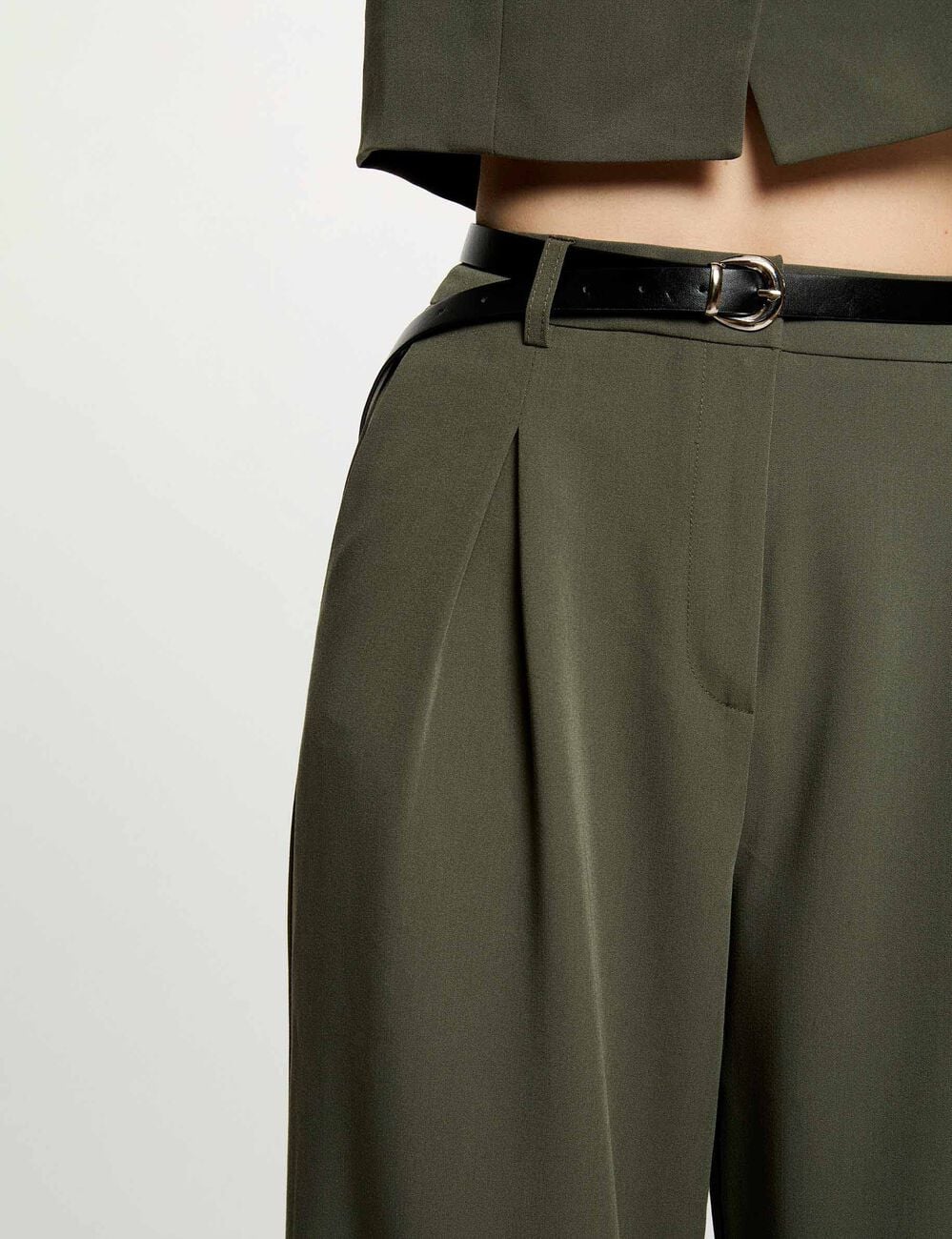 Pantalon large taille haute vert kaki femme