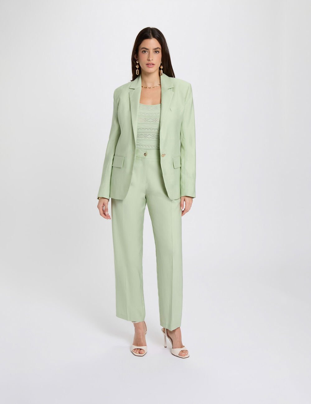 Getailleerde blazer met reverskraag pastelgroen vrouw