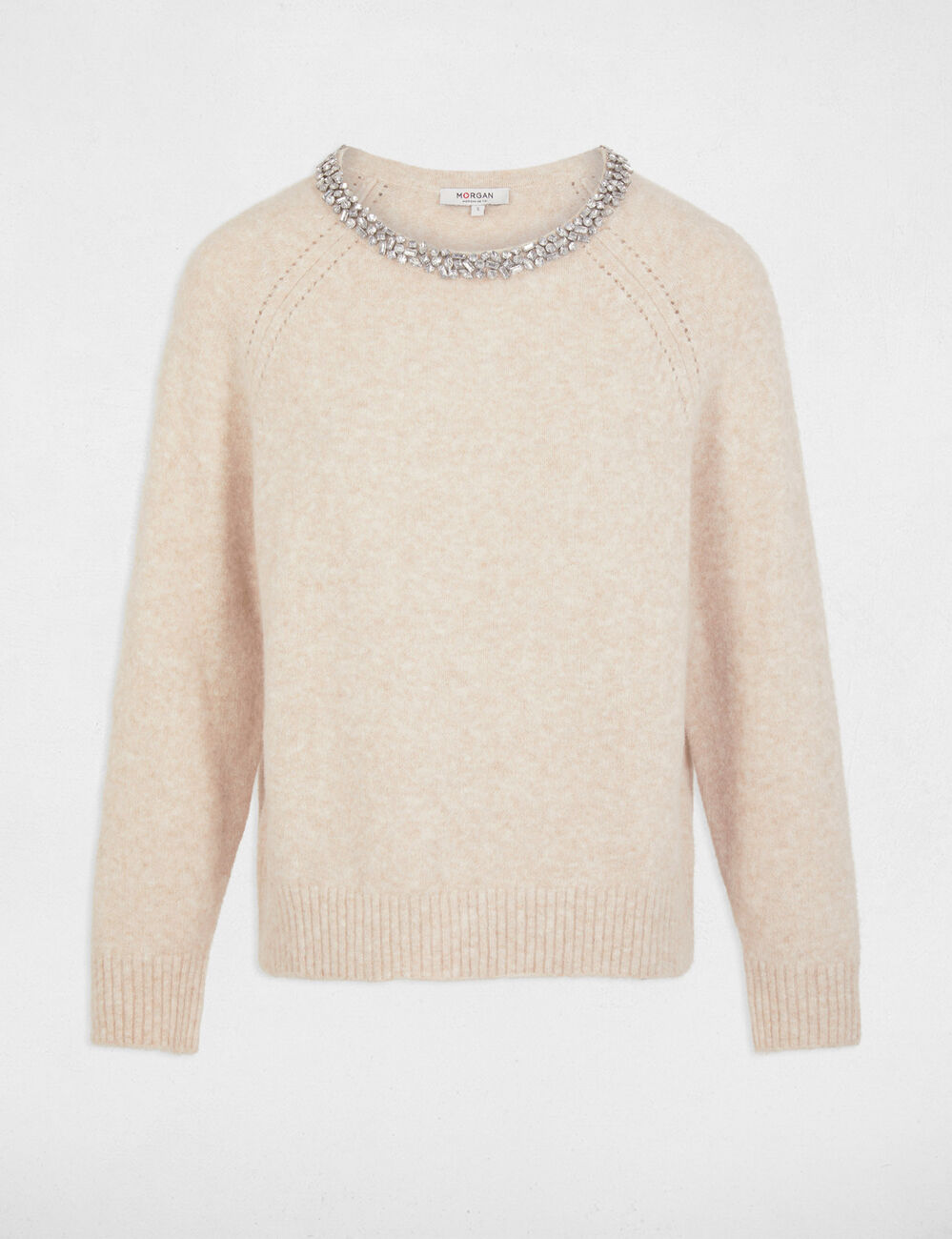 Pull col bateau détails bijoux beige femme