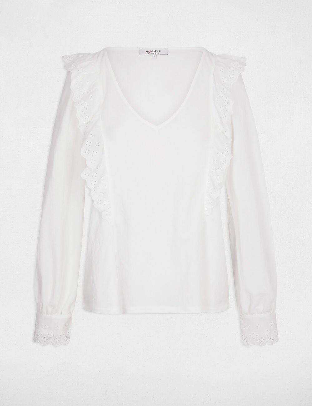 T-shirt brod&eacute; col v blanc femme