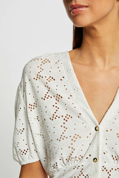 T-shirt manches courtes à broderie ecru femme