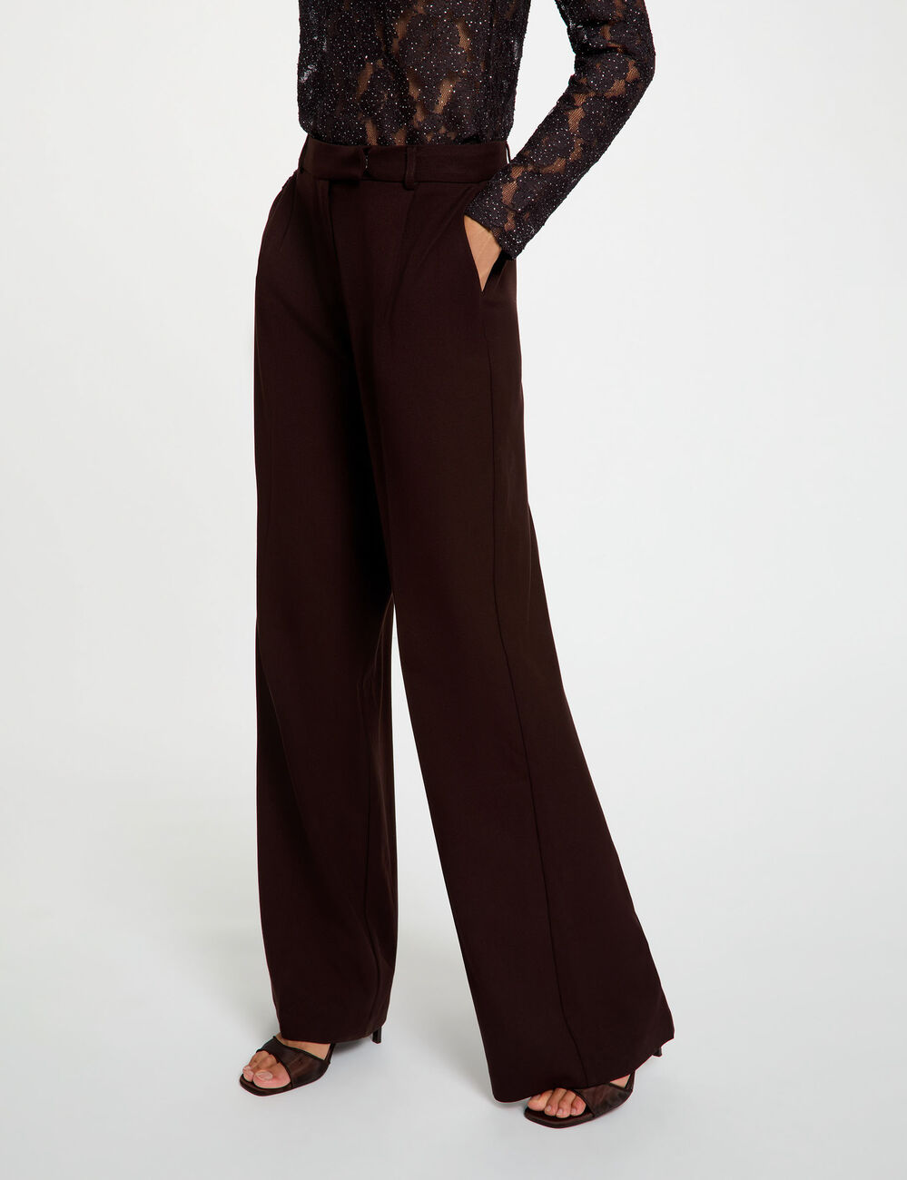 Pantalon large taille haute marron fonc&eacute; femme