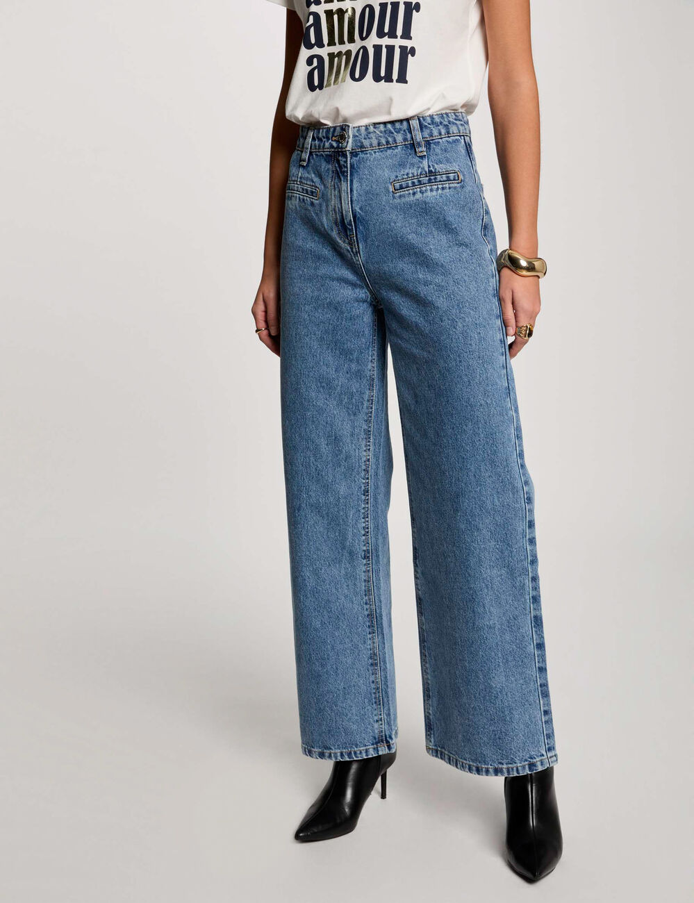 Jeans met wijde pijpen dubbel stone washed denim vrouw