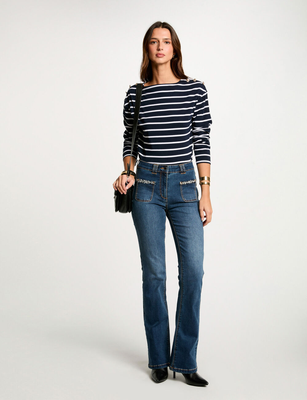 Gestreept T-shirt met lange mouwen helder wit vrouw