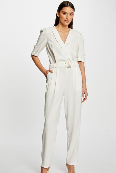 Rechte jumpsuit met riem ecru vrouw