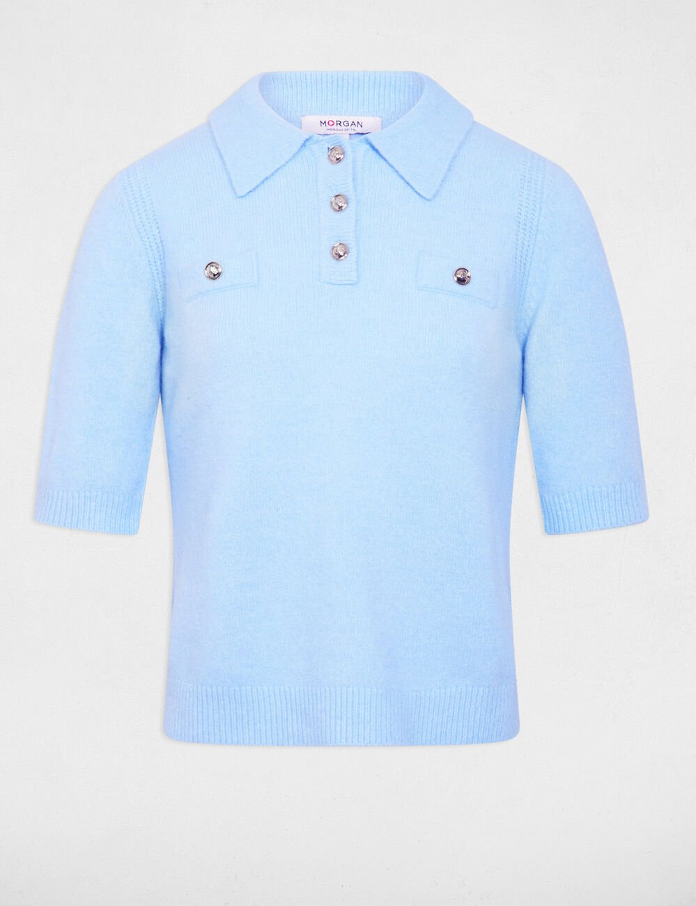 Pull ajust&eacute; col &agrave; revers bleu clair femme