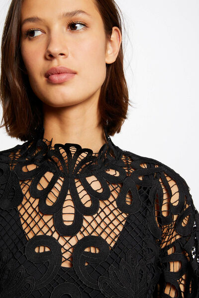 Blouse manches longues en dentelle noir femme