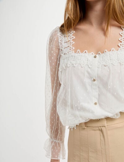 T-shirt manches 3/4 plumetis blanc femme