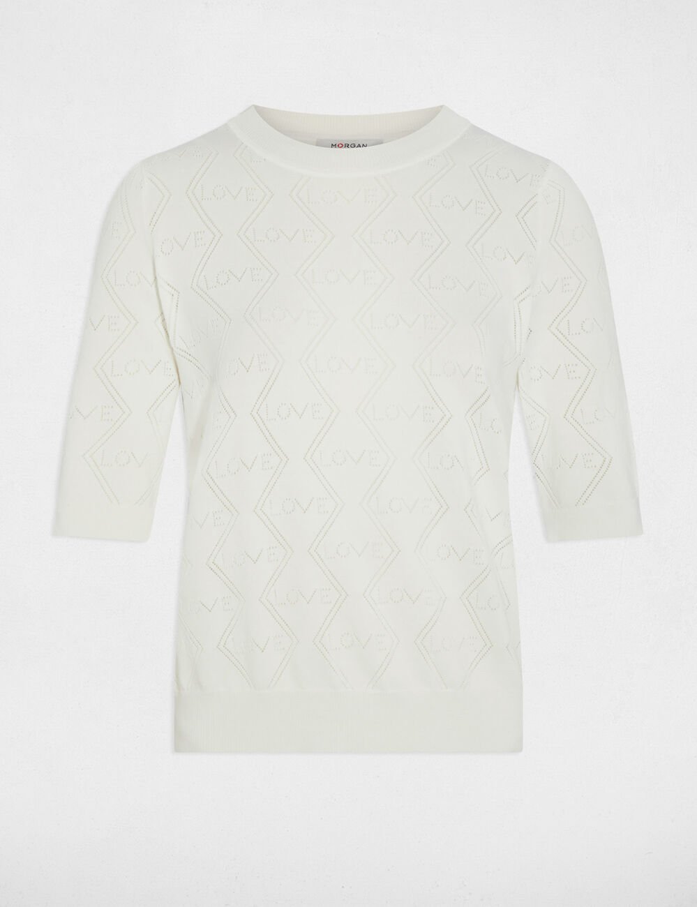 Ajoureerde trui met 3/4-mouwen helder wit vrouw