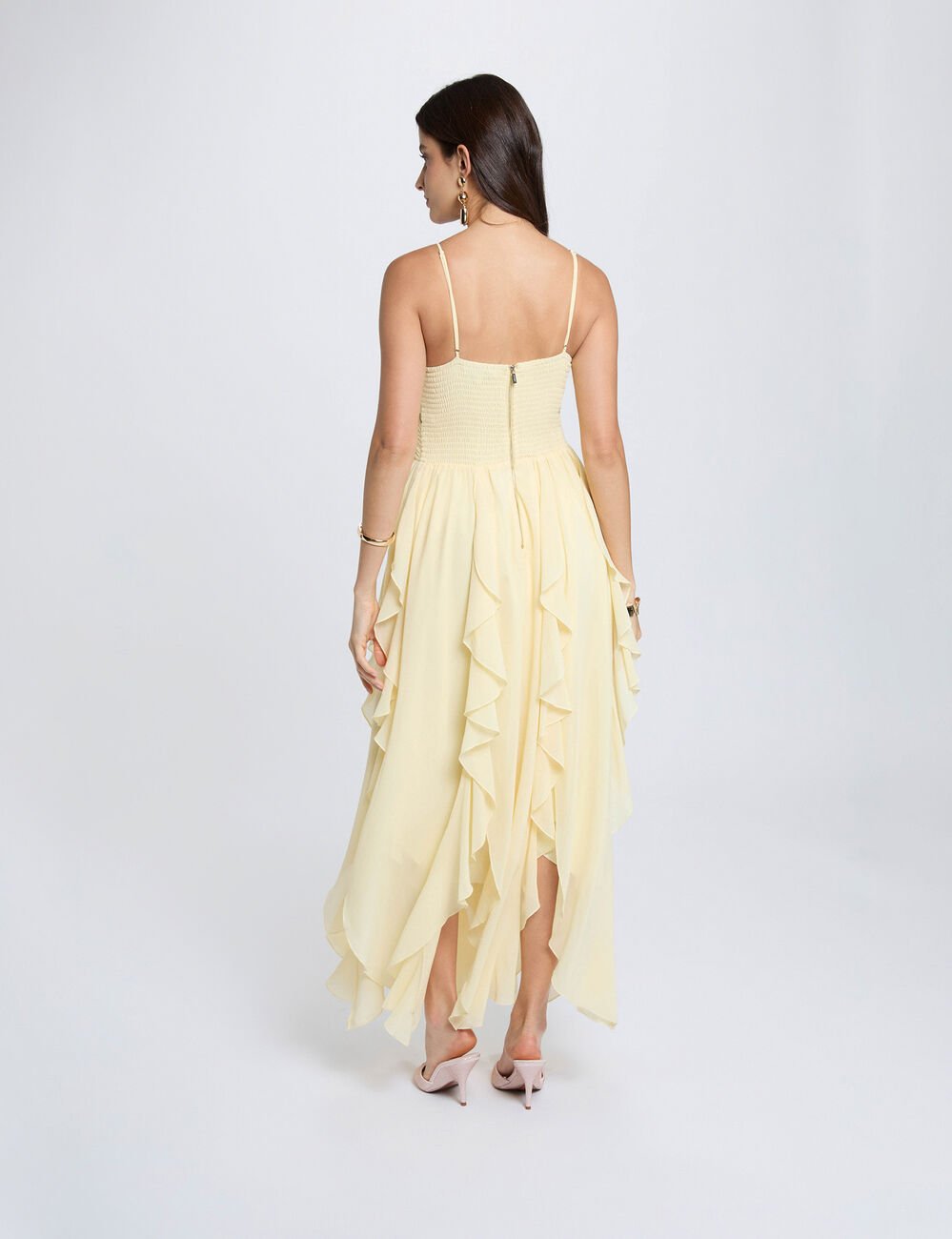 Lange jurk met V-hals pastel geel vrouw