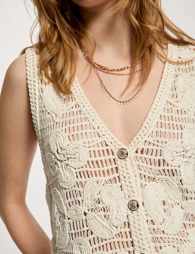 Mouwloos vest met V-hals ivoor vrouw