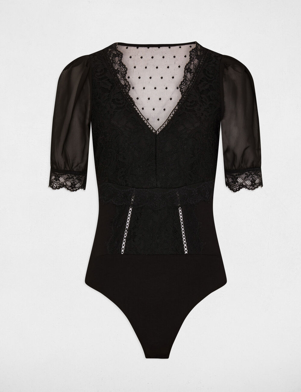Bodysuit met 3/4 mouwen en kant zwart vrouw
