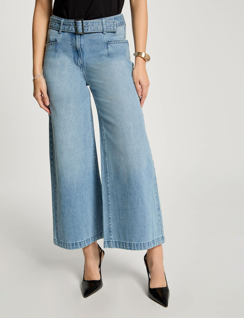 7/8 wijde jeans met ceintuur gebleekt denim vrouw