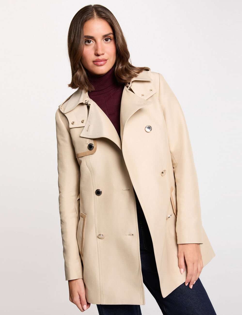 Trench mi-long &agrave; capuche beige femme