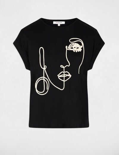 T-shirt met gezichtsborduursel zwart vrouw