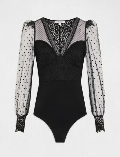 Body met lange mouwen in plumetiskant zwart vrouw