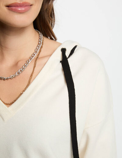 Pull col en V à capuche blanc femme