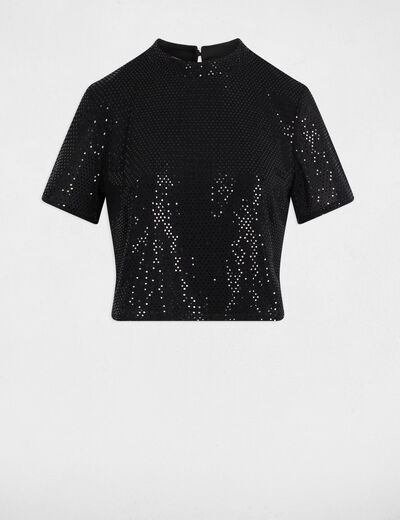 T-shirt sequins col montant noir femme