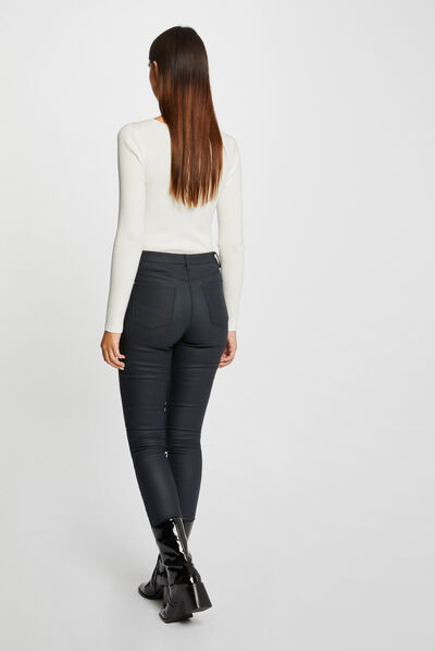 Pantalon skinny enduit détails zippés marine femme