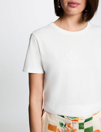 Geborduurd T-shirt met ronde hals helder wit vrouw