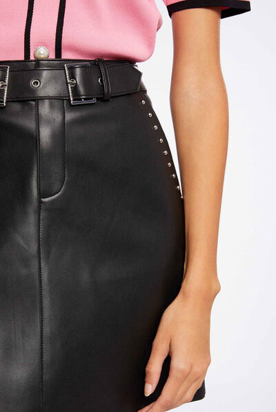 Jupe droite simili cuir avec clous noir femme