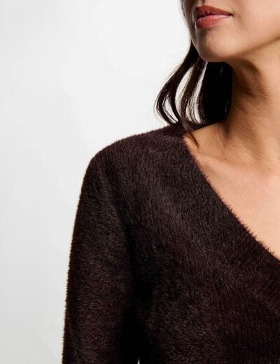 Pull col v manches longues marron fonc&eacute; femme