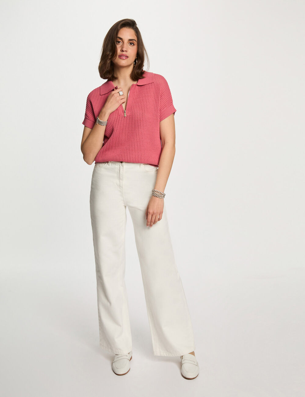 Pull col polo zippé vieux rose femme