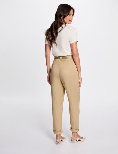 Pantalon carotte ceinturé beige femme