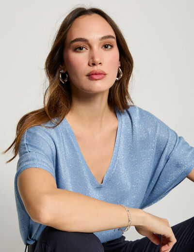 V-hals trui met 3/4 mouwen bleu gris vrouw