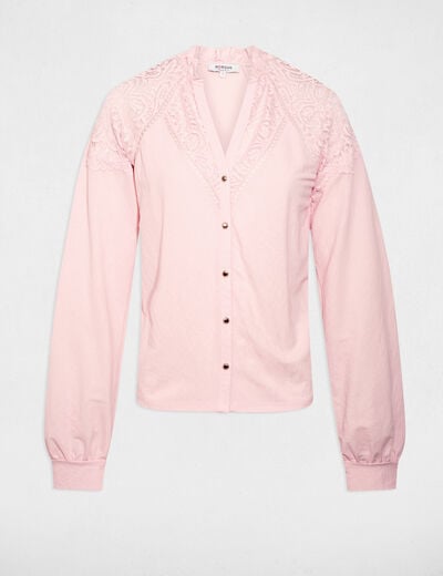 T-shirt dentelle col v rose clair femme