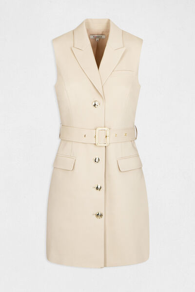 Robe droite sans manches ceinturée beige femme