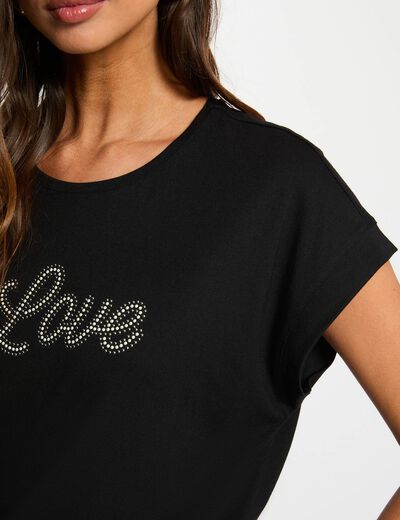 V-hals T-shirt met strass zwart vrouw