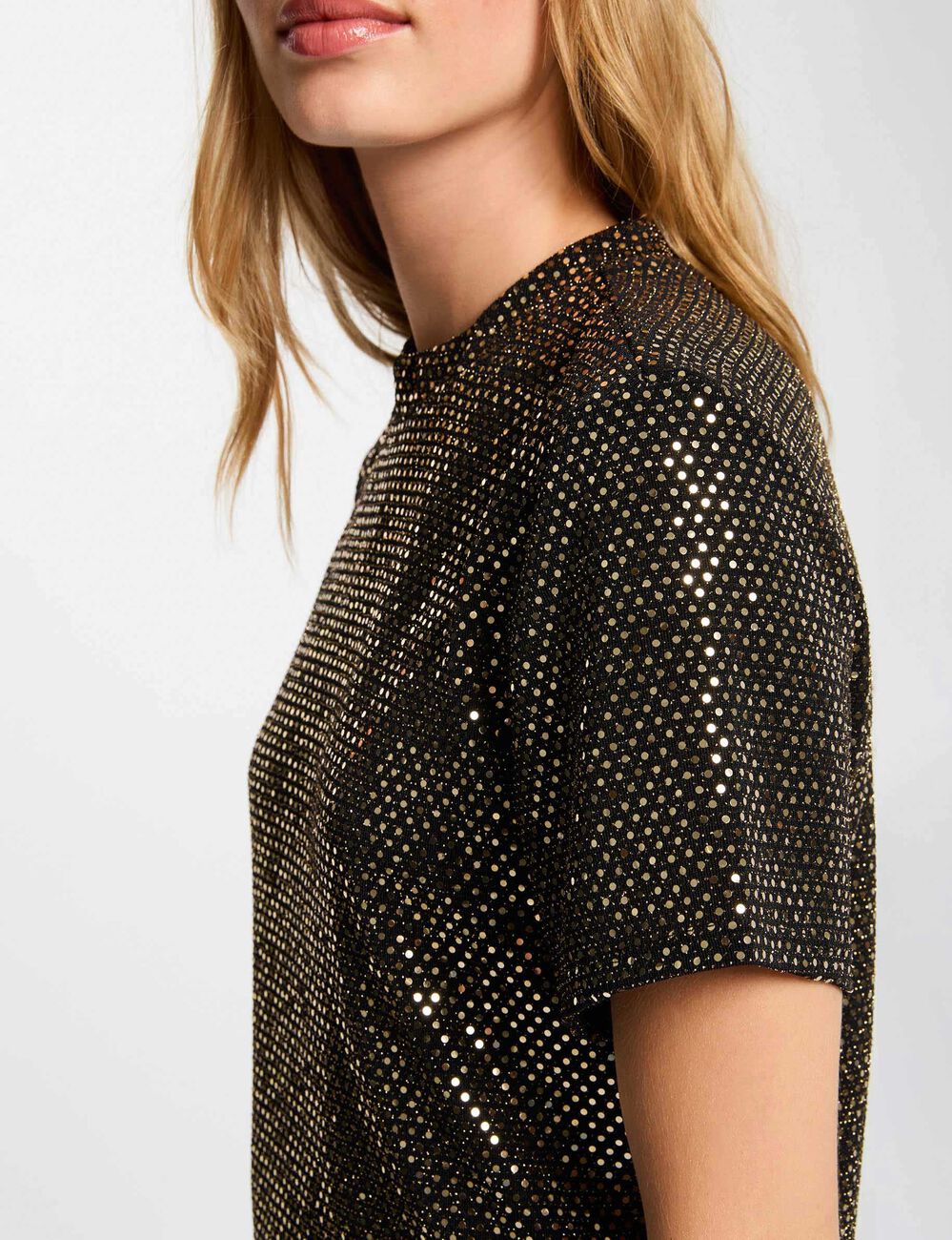 T-shirt met pailletten en hoge kraag goudgeel vrouw