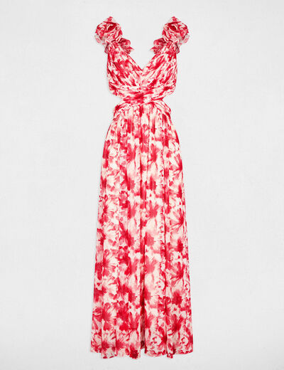 Robe longue florale &eacute;vas&eacute;e rouge femme