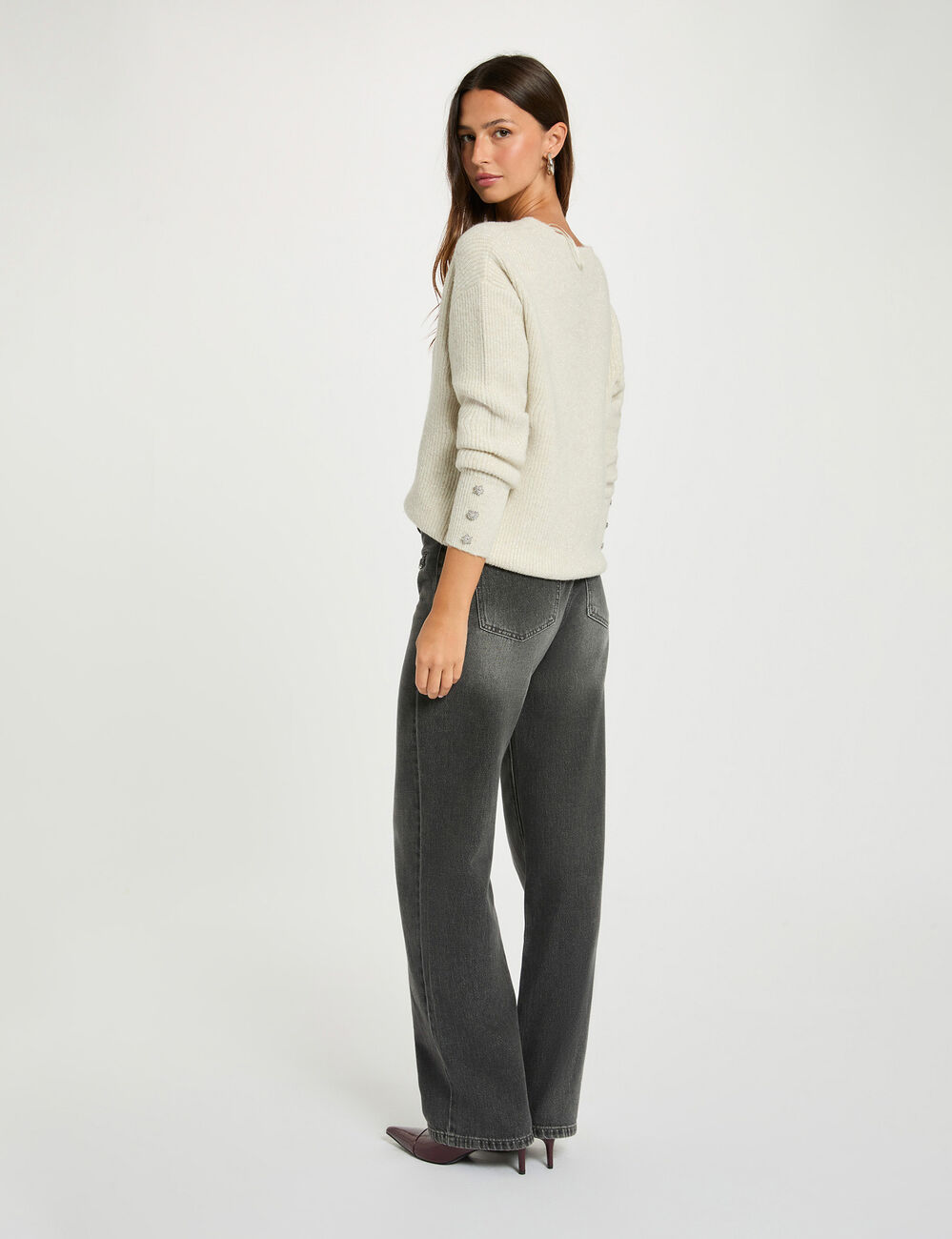 Pull col en V oversize ivoire femme