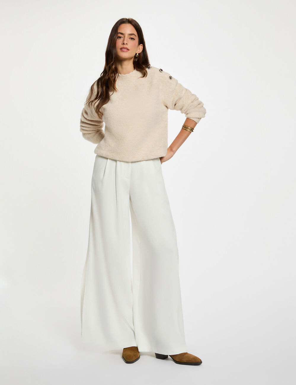 Pull court col fantaisie beige femme