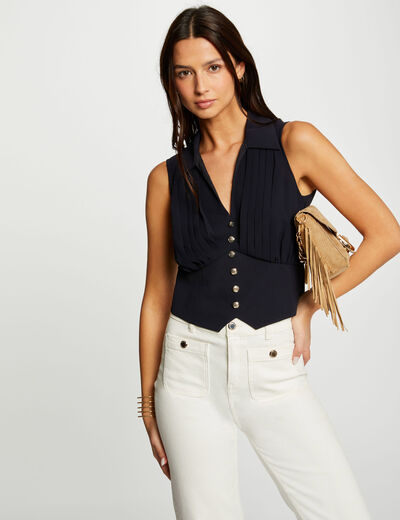 Mouwloze top met plooien marineblauw vrouw