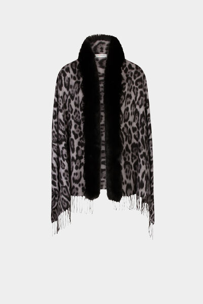 Poncho met franjes en luipaardprint mediumgrijs vrouw