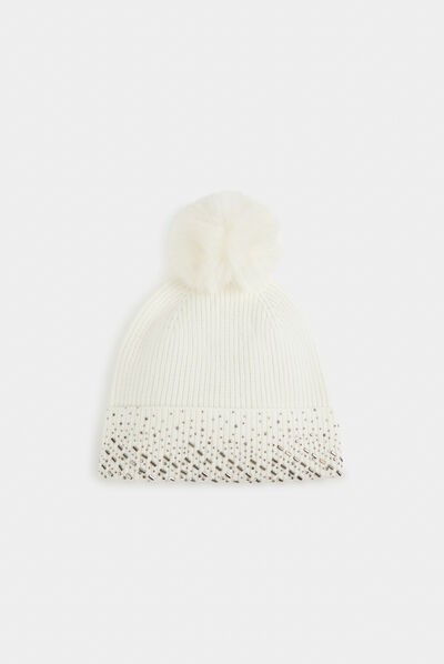 Bonnet avec strass et pompon beige femme